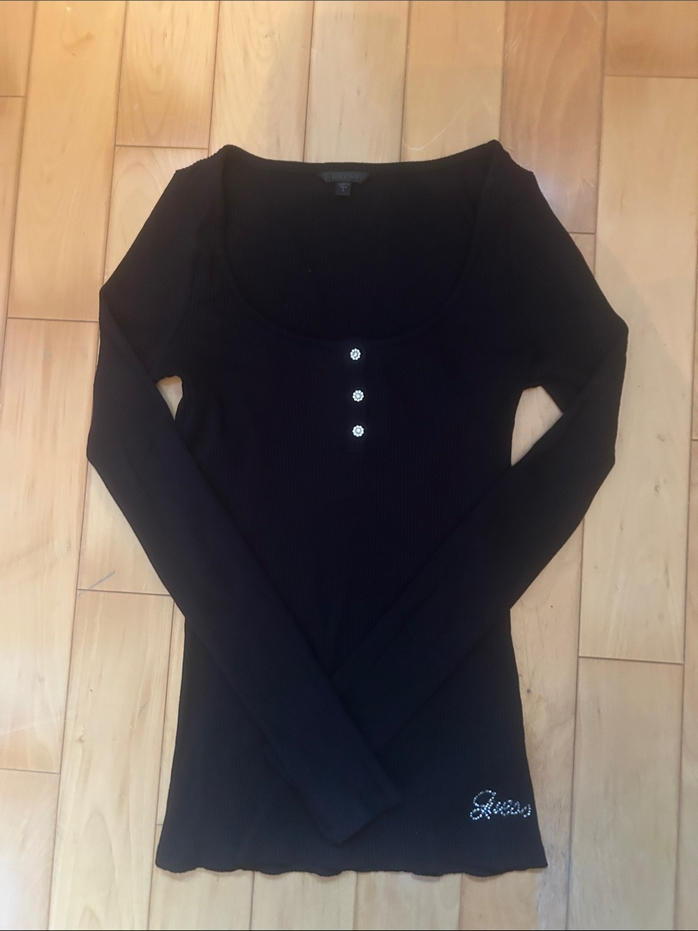 Guess Black Ribbed Long Sleeve Scoop Neck Top with Front Buttons